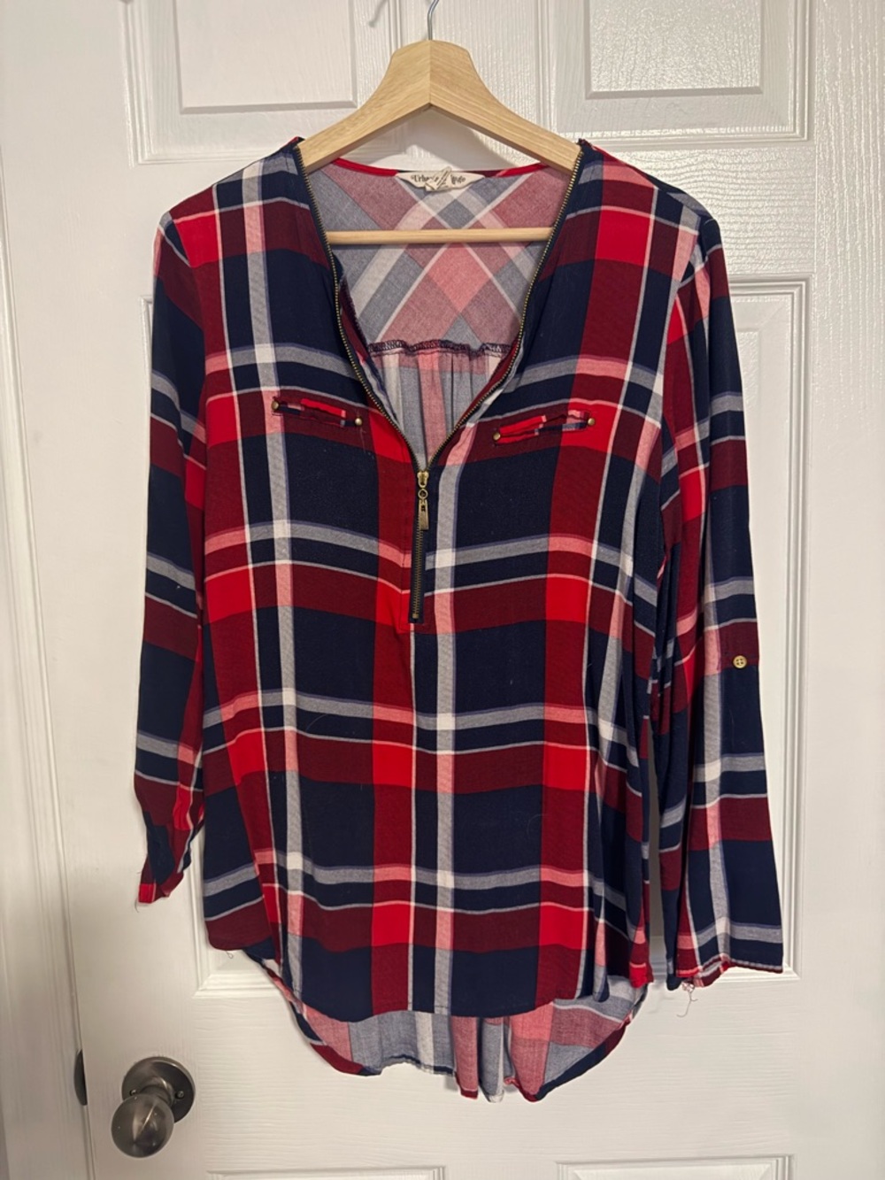 3/$15 Urban Heritage Red & Navy Plaid Zip-Front Tunic